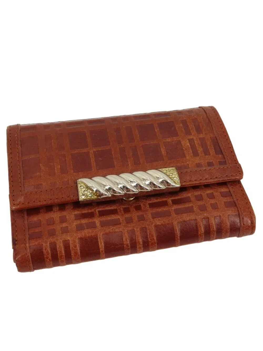 Tucano Brown Plaid Check Embossed Leather Folding Wallet Gold Silver Tone Metal
